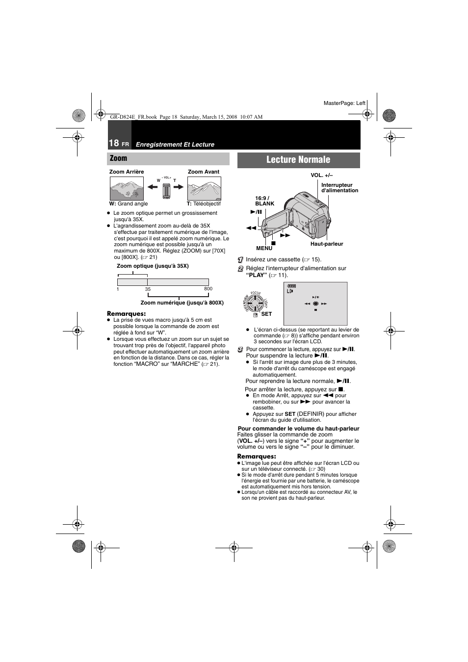 Enregistrement et lecture, Zoom, Lecture normale | 18) / t | JVC GR-D824 User Manual | Page 98 / 120