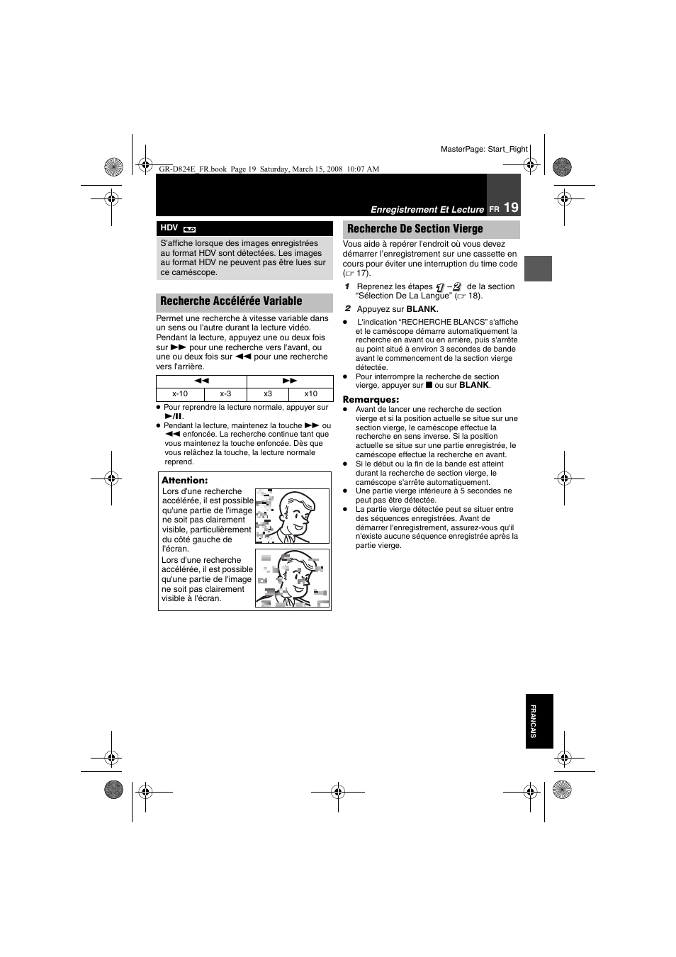 Recherche accélérée variable, 19 recherche de section vierge, 19) pou | JVC GR-D824 User Manual | Page 99 / 120
