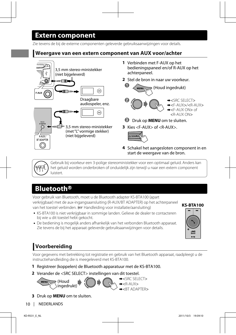 Bluetooth, Extern component, Voorbereiding | JVC KD-R531 User Manual | Page 10 / 74