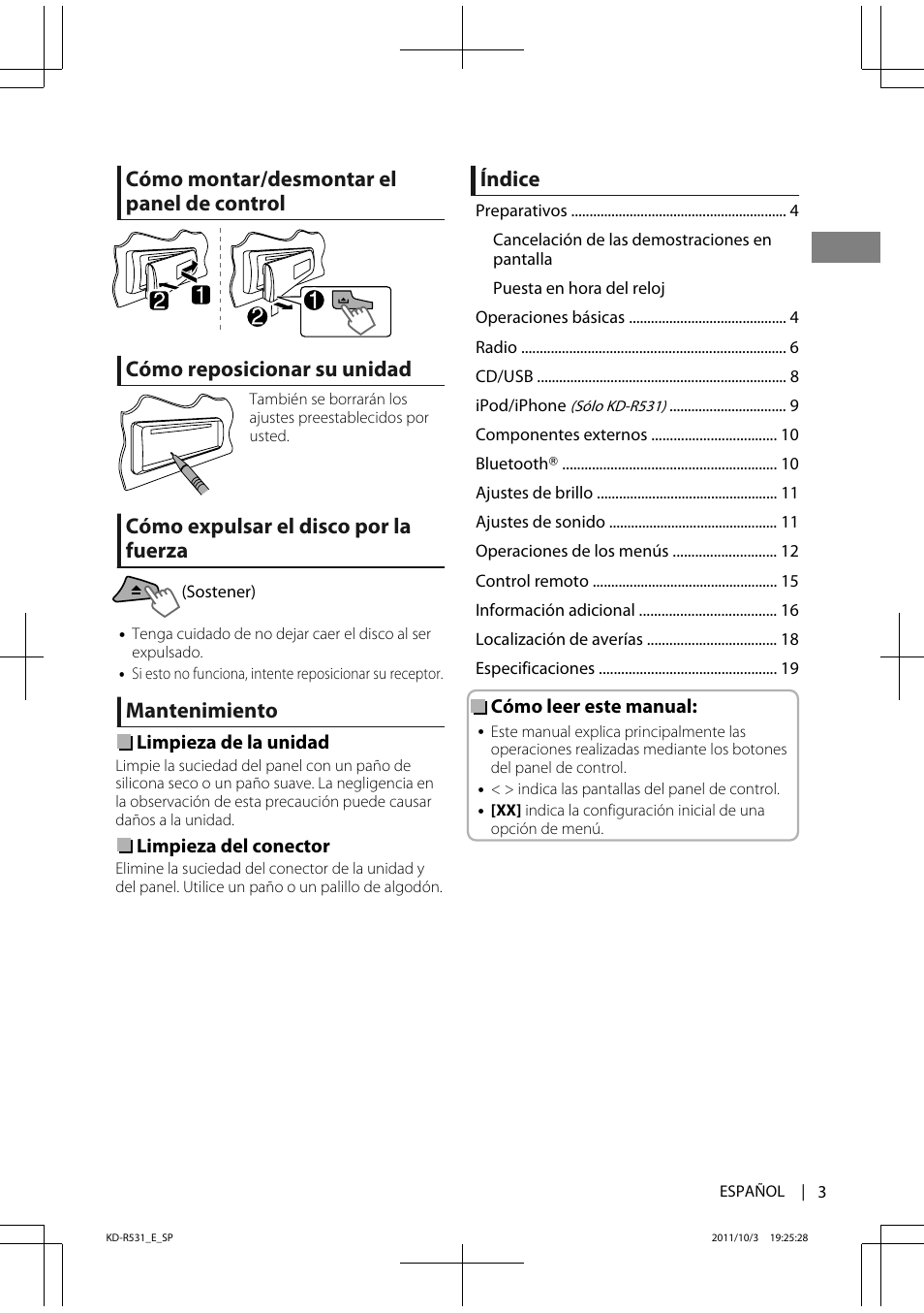 Cómo expulsar el disco por la fuerza, Mantenimiento, Índice | JVC KD-R531 User Manual | Page 21 / 74