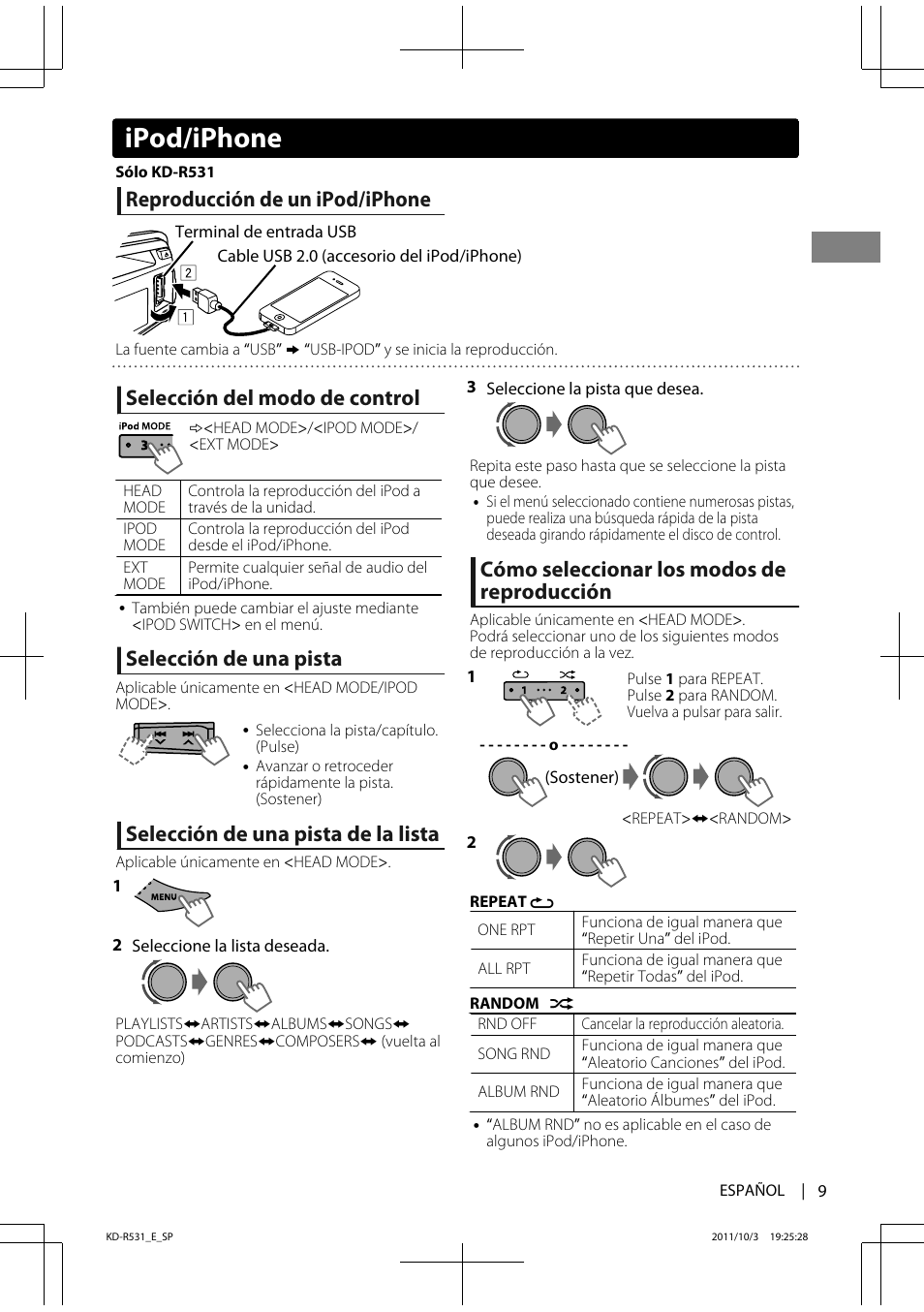 Ipod/iphone, Reproducción de un ipod/iphone, Selección del modo de control | Selección de una pista, Selección de una pista de la lista, Cómo seleccionar los modos de reproducción | JVC KD-R531 User Manual | Page 27 / 74