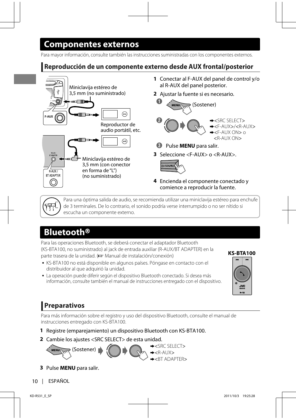 Bluetooth, Componentes externos, Preparativos | JVC KD-R531 User Manual | Page 28 / 74