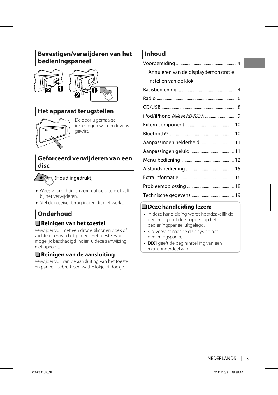 Geforceerd verwijderen van een disc, Onderhoud, Inhoud | JVC KD-R531 User Manual | Page 3 / 74