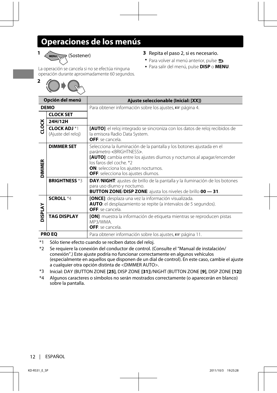 Operaciones de los menús | JVC KD-R531 User Manual | Page 30 / 74