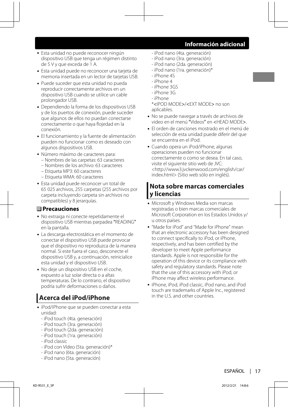 Acerca del ipod/iphone, Nota sobre marcas comerciales y licencias, Precauciones | Información adicional | JVC KD-R531 User Manual | Page 35 / 74