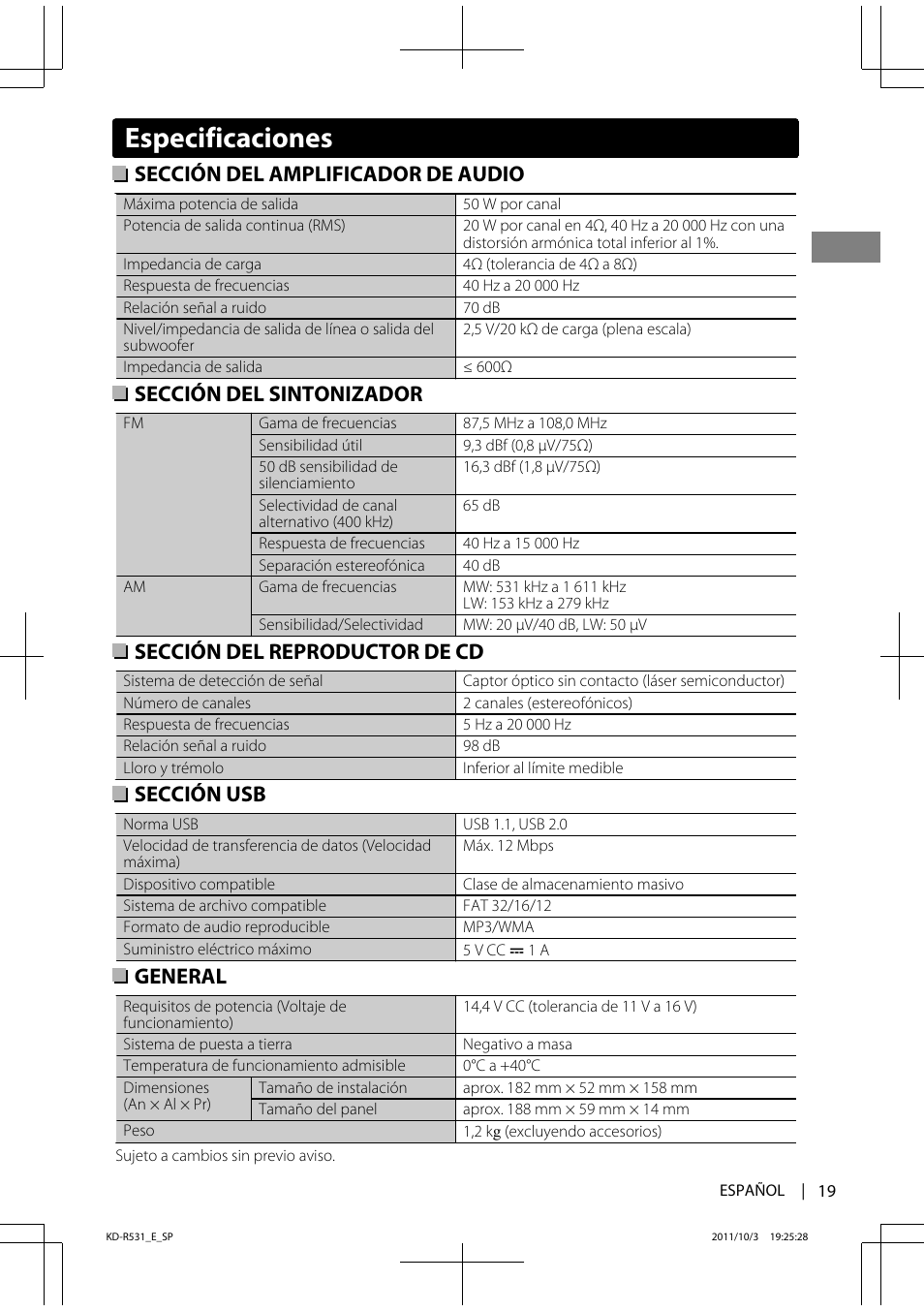 Especificaciones, Sección del amplificador de audio, Sección del sintonizador | Sección del reproductor de cd, Sección usb, General | JVC KD-R531 User Manual | Page 37 / 74
