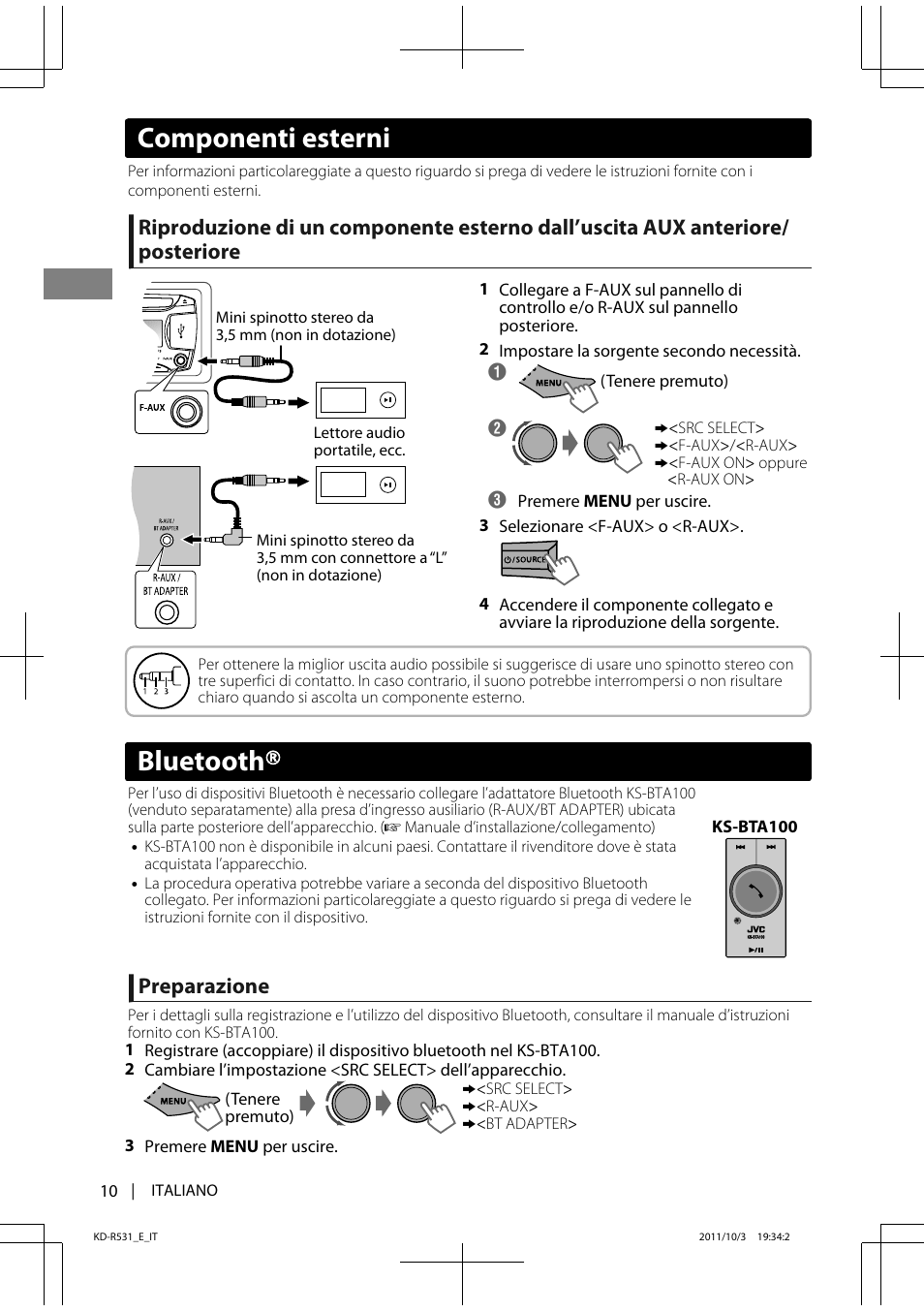Bluetooth, Componenti esterni, Preparazione | JVC KD-R531 User Manual | Page 46 / 74