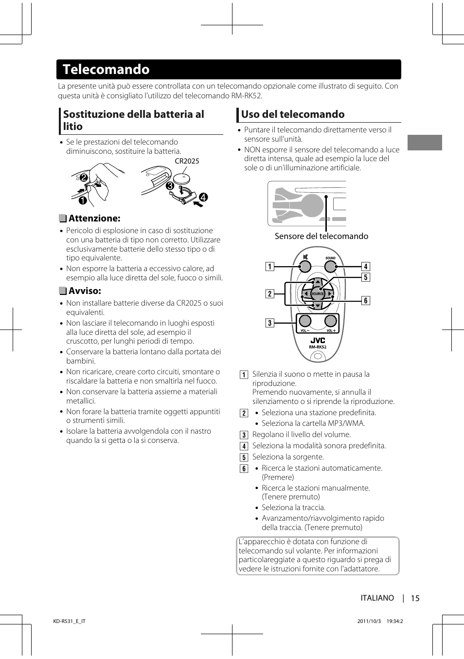 Sostituzione della batteria al litio, Uso del telecomando, Attenzione | Avviso, Telecomando | JVC KD-R531 User Manual | Page 51 / 74