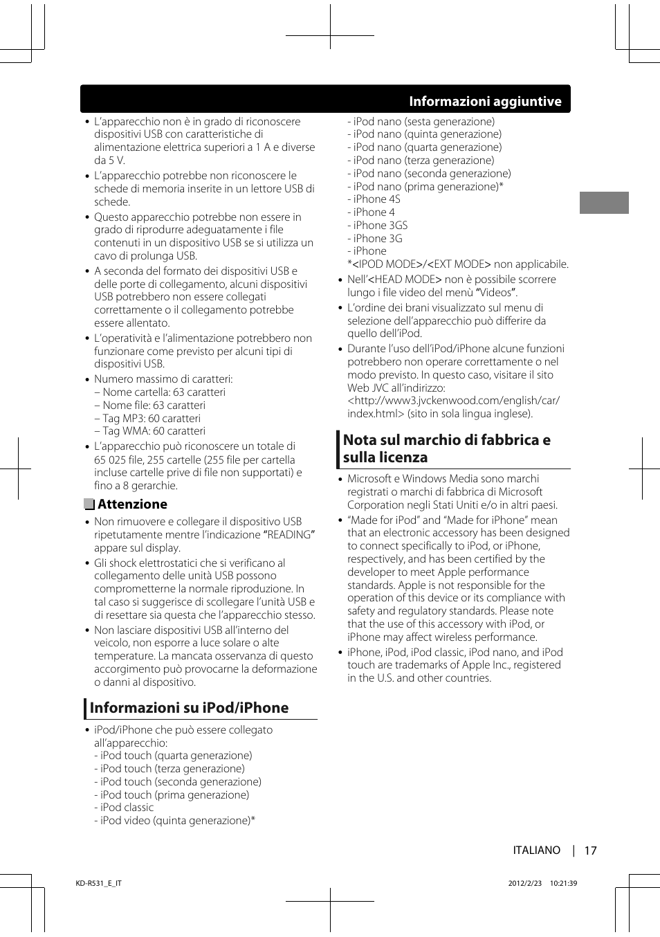 Informazioni su ipod/iphone, Nota sul marchio di fabbrica e sulla licenza, Attenzione | Informazioni aggiuntive | JVC KD-R531 User Manual | Page 53 / 74