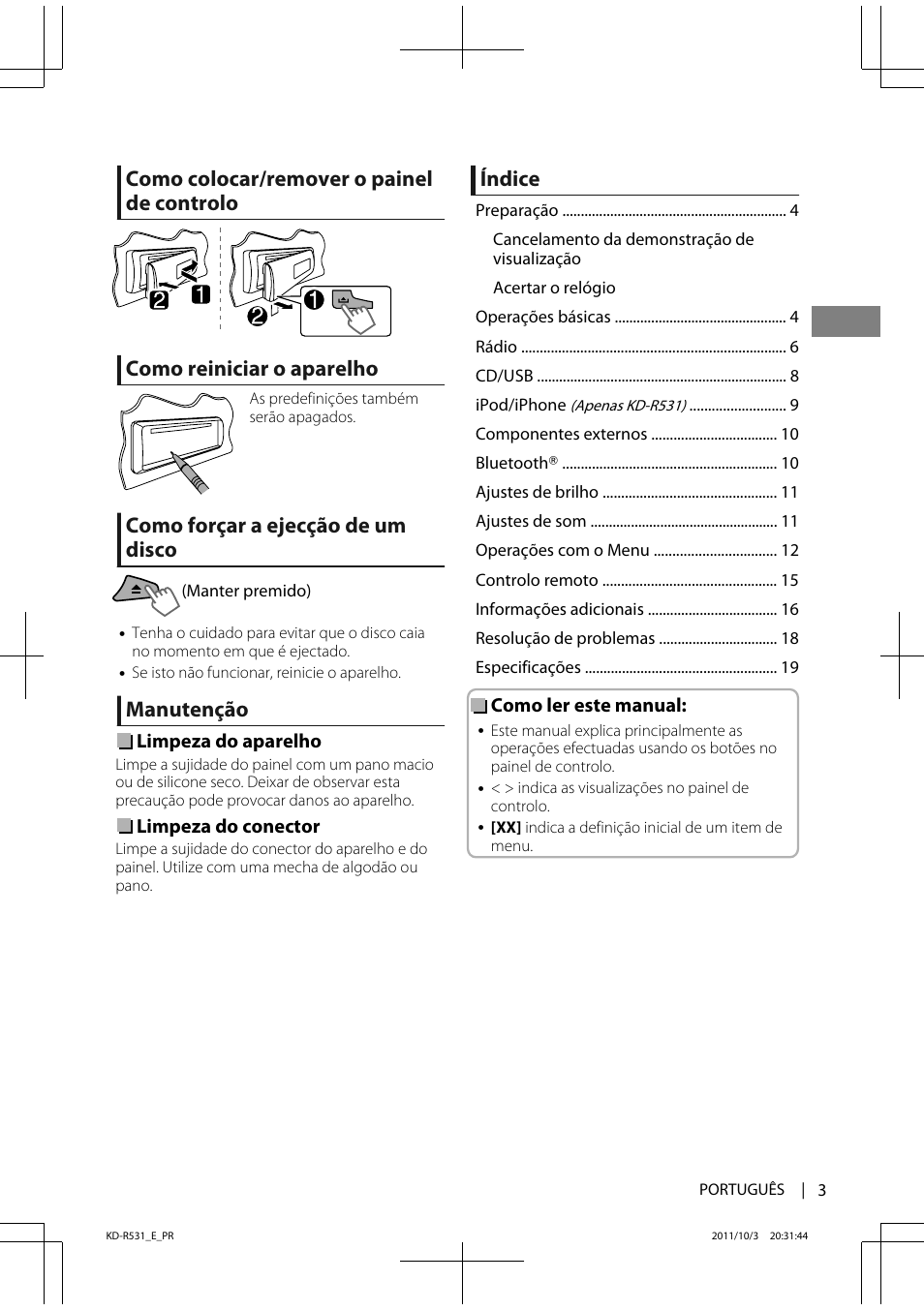 Como forçar a ejecção de um disco, Manutenção, Índice | JVC KD-R531 User Manual | Page 57 / 74
