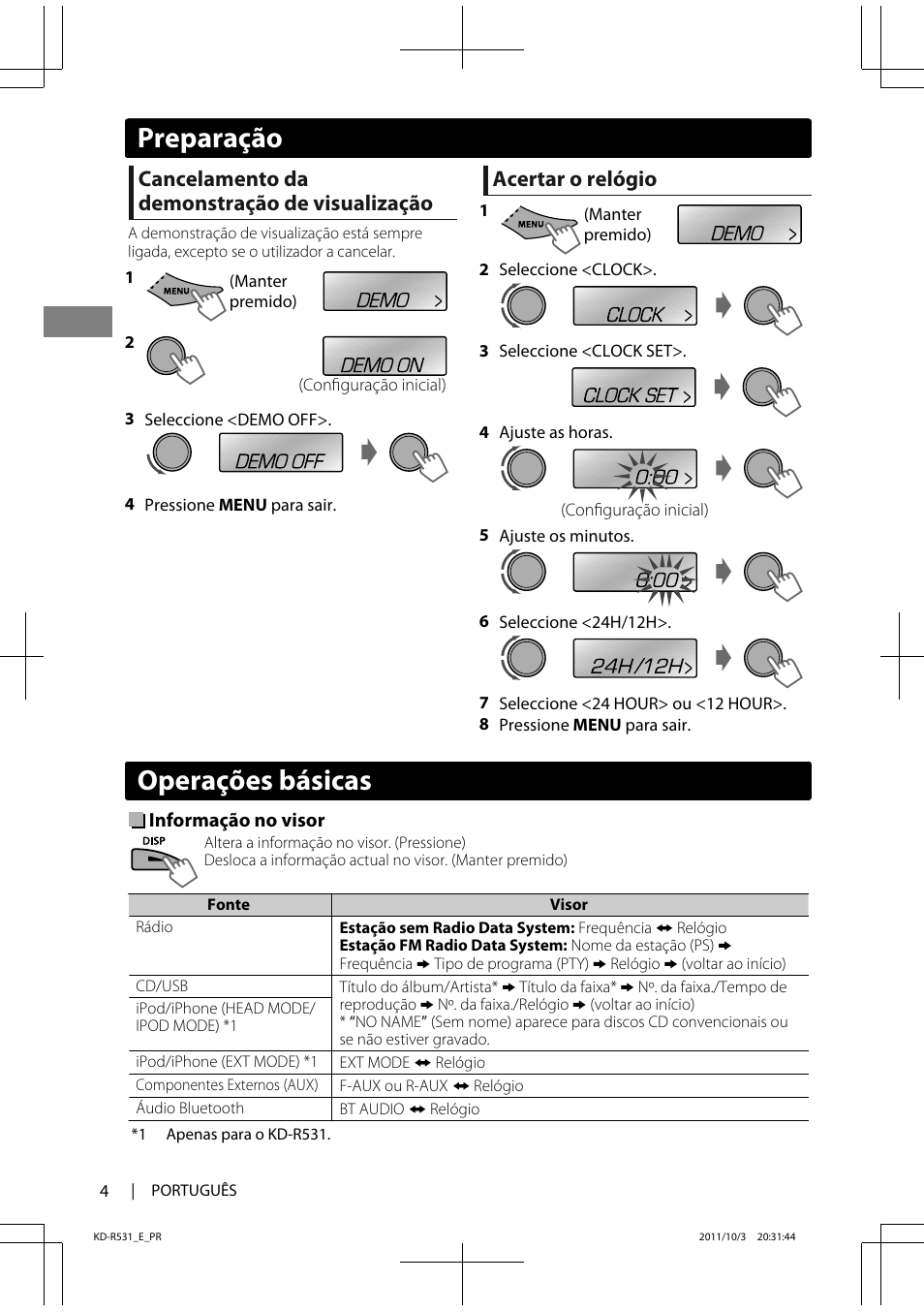Operações básicas, Preparação, Cancelamento da demonstração de visualização | Acertar o relógio | JVC KD-R531 User Manual | Page 58 / 74