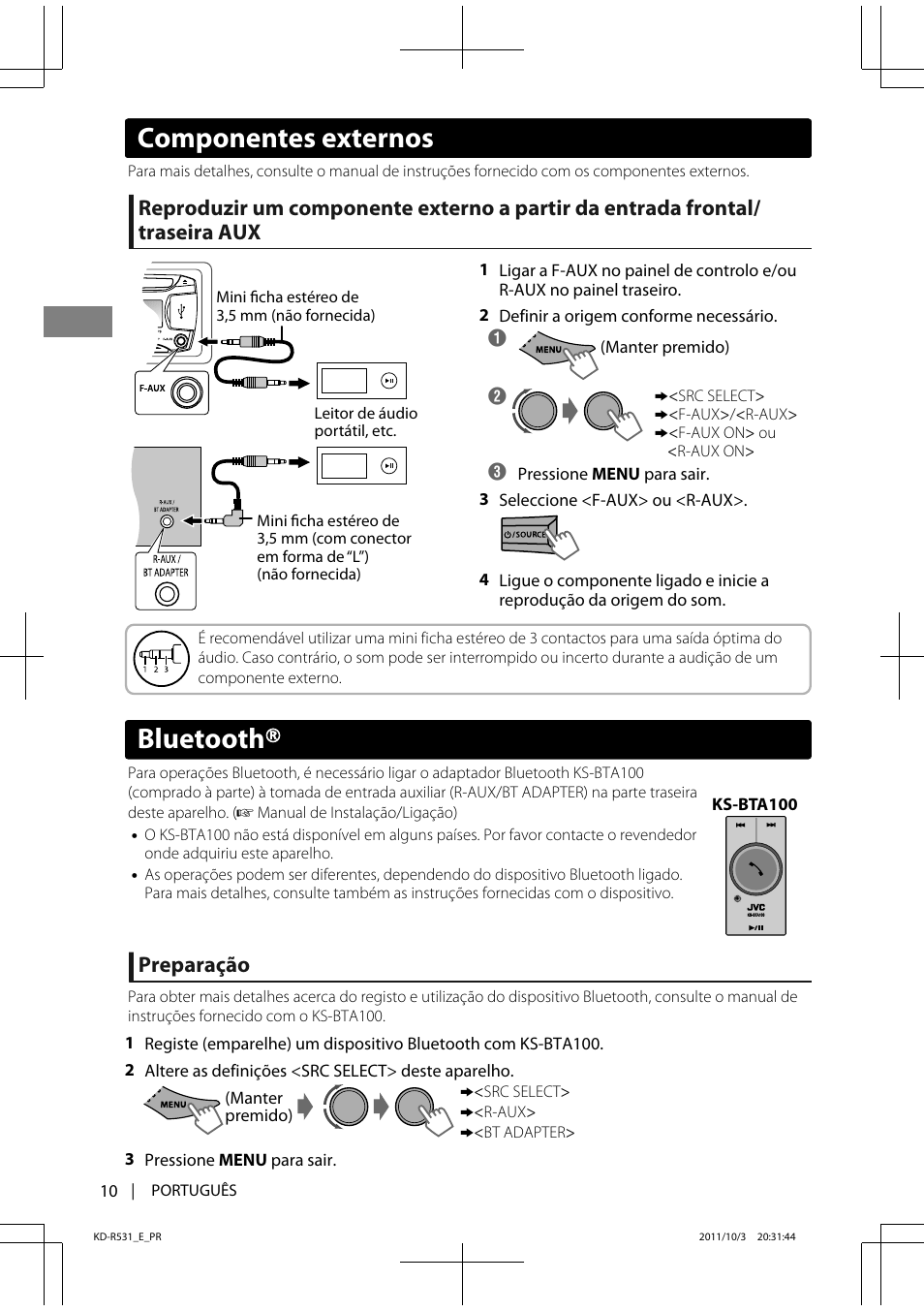 Bluetooth, Componentes externos, Preparação | JVC KD-R531 User Manual | Page 64 / 74