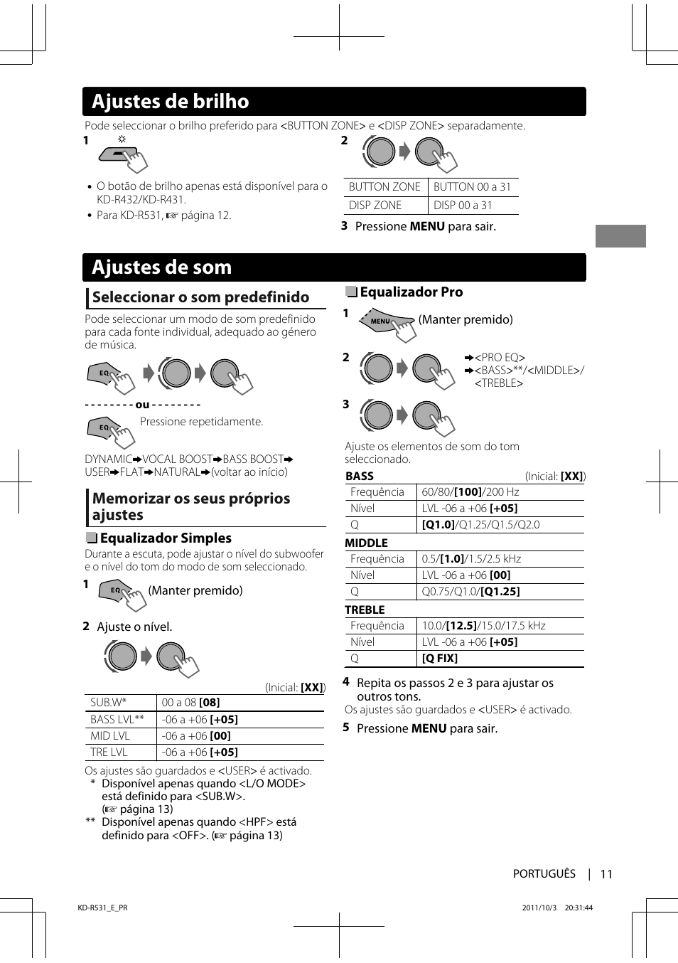 Ajustes de som, Ajustes de brilho, Seleccionar o som predefinido | JVC KD-R531 User Manual | Page 65 / 74