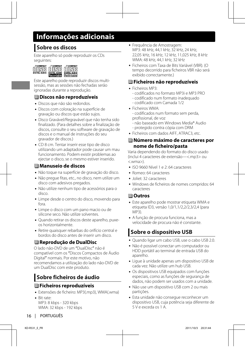 Sobre os discos, Sobre ficheiros de áudio, Sobre o dispositivo usb | Discos não reproduzíveis, Manuseio de discos, Reprodução de dualdisc, Ficheiros reproduzíveis, Ficheiros não reproduzíveis, Outros, Informações adicionais | JVC KD-R531 User Manual | Page 70 / 74