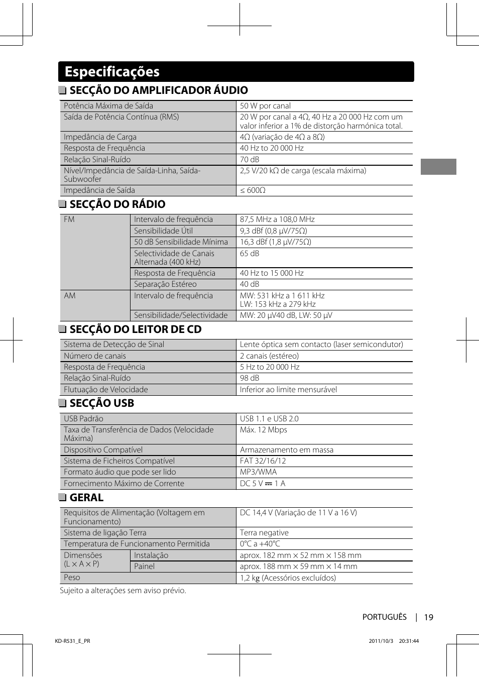 Especificações, Secção do amplificador áudio, Secção do rádio | Secção do leitor de cd, Secção usb, Geral | JVC KD-R531 User Manual | Page 73 / 74