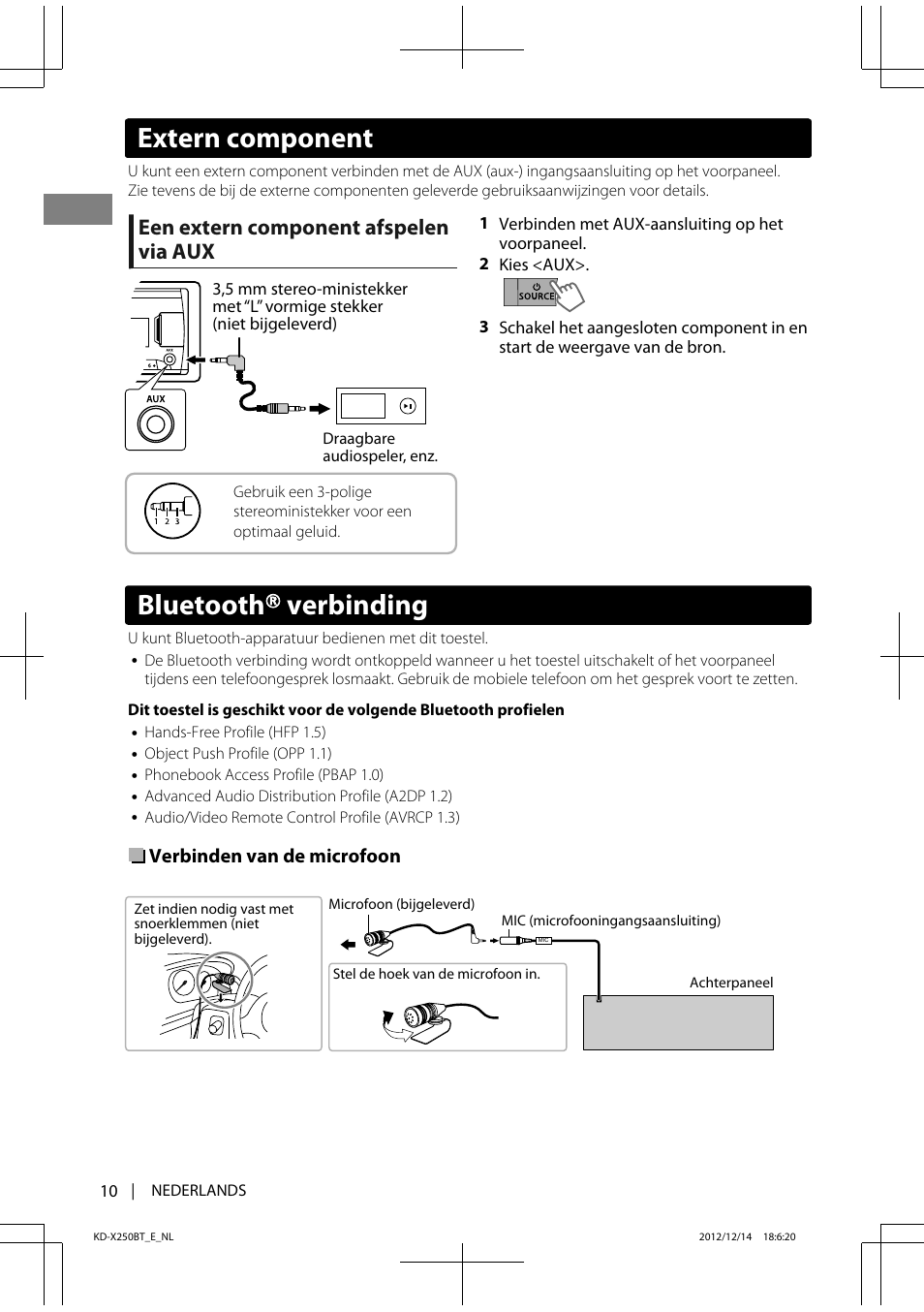 Bluetooth ா verbinding, Extern component, Een extern component afspelen via aux | JVC KD-X250BT User Manual | Page 10 / 115