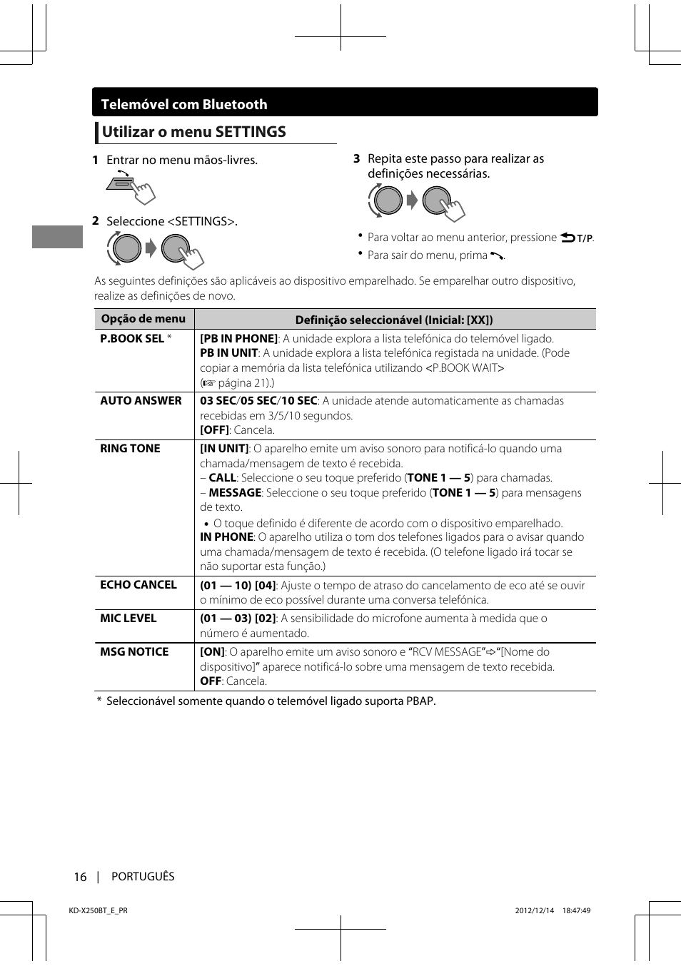 Utilizar o menu settings | JVC KD-X250BT User Manual | Page 100 / 115