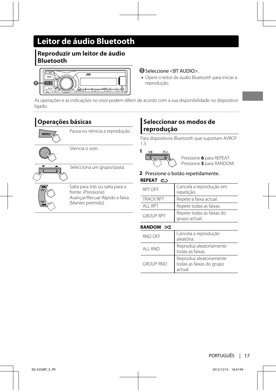 Leitor de áudio bluetooth, Reproduzir um leitor de áudio bluetooth, Operações básicas | Seleccionar os modos de reprodução | JVC KD-X250BT User Manual | Page 101 / 115