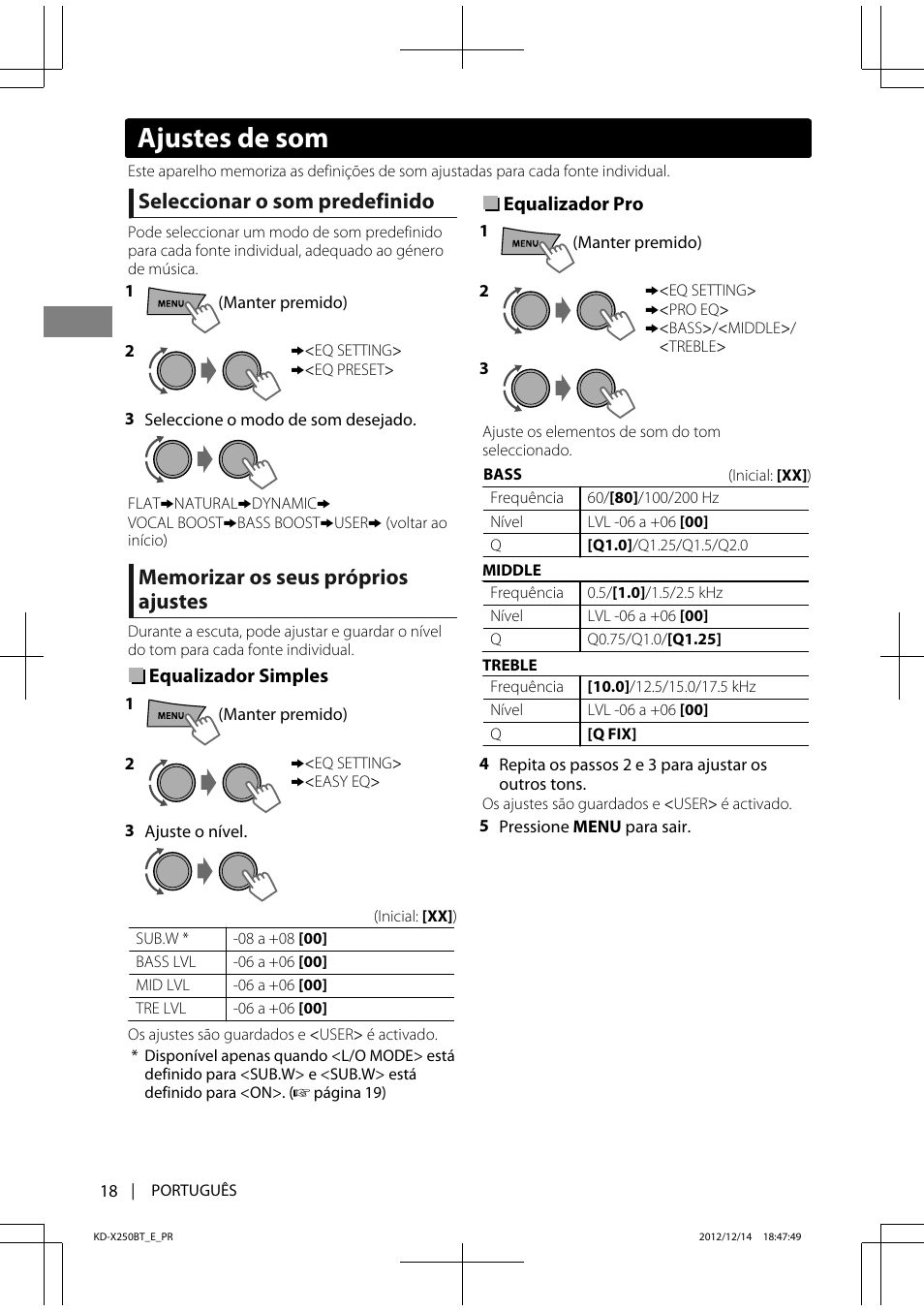 Ajustes de som, Seleccionar o som predefinido | JVC KD-X250BT User Manual | Page 102 / 115