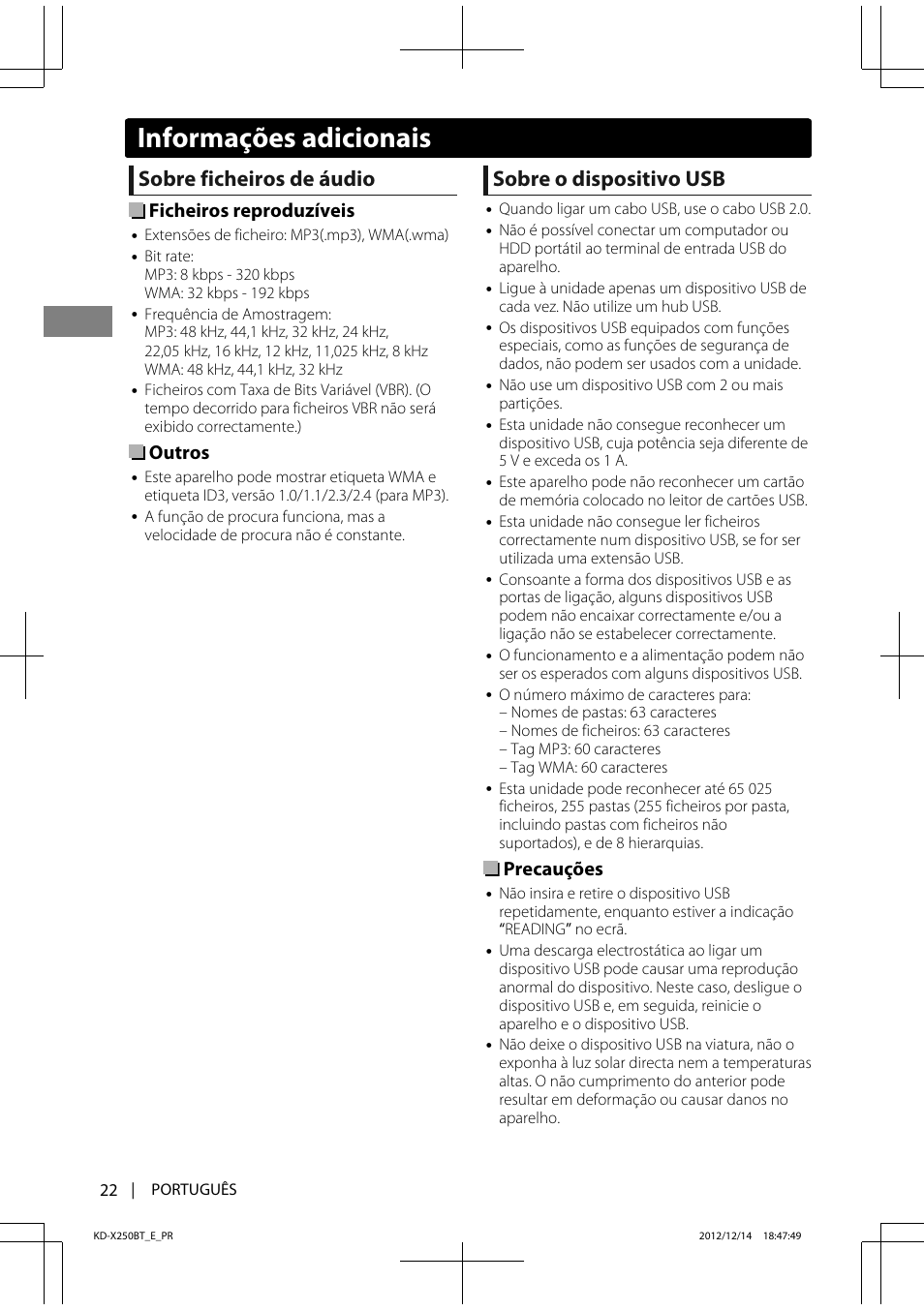 Sobre ficheiros de áudio, Sobre o dispositivo usb, Ficheiros reproduzíveis | Outros, Precauções, Informações adicionais | JVC KD-X250BT User Manual | Page 106 / 115