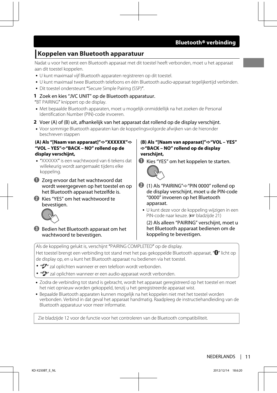 Koppelen van bluetooth apparatuur, Bluetooth ா verbinding | JVC KD-X250BT User Manual | Page 11 / 115