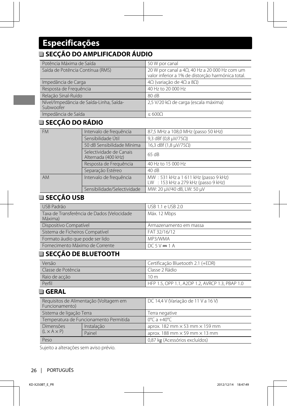 Especificações, Secção do amplificador áudio, Secção do rádio | Secção usb, Secção de bluetooth, Geral | JVC KD-X250BT User Manual | Page 110 / 115