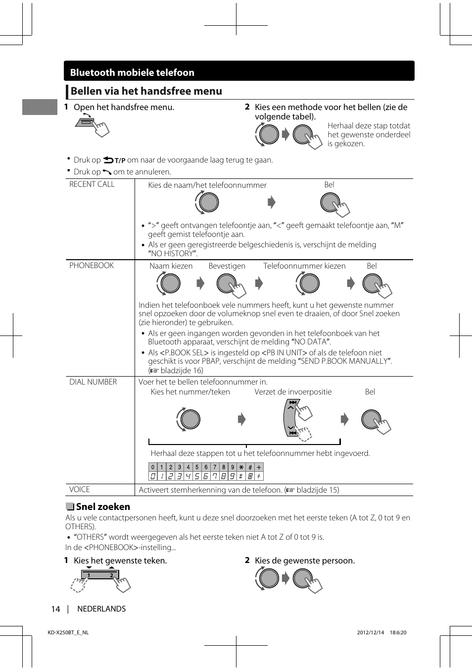 Bellen via het handsfree menu, Snel zoeken, Bluetooth mobiele telefoon | JVC KD-X250BT User Manual | Page 14 / 115