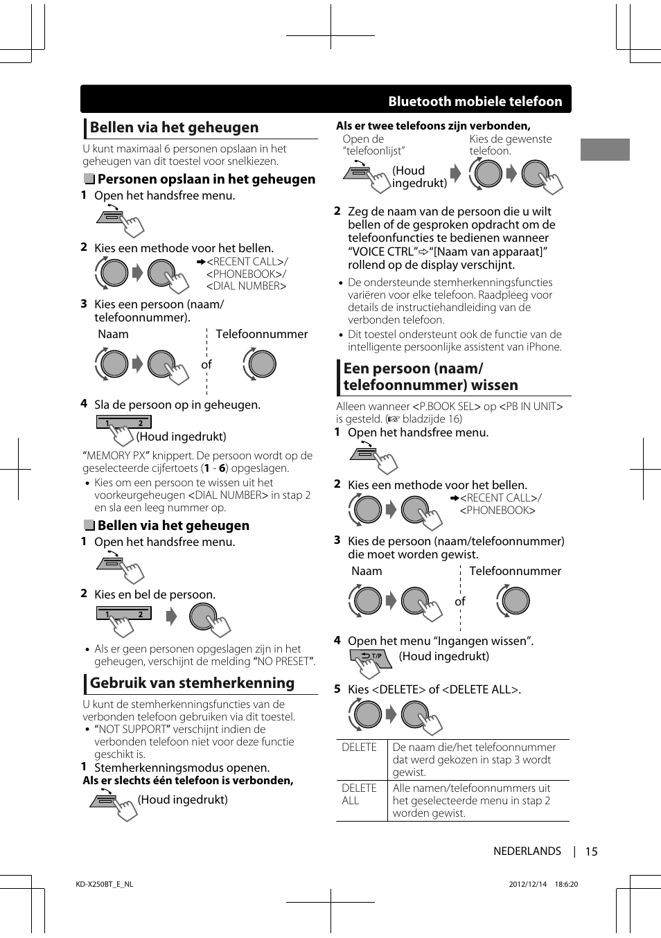 Bellen via het geheugen, Gebruik van stemherkenning, Een persoon (naam/ telefoonnummer) wissen | JVC KD-X250BT User Manual | Page 15 / 115