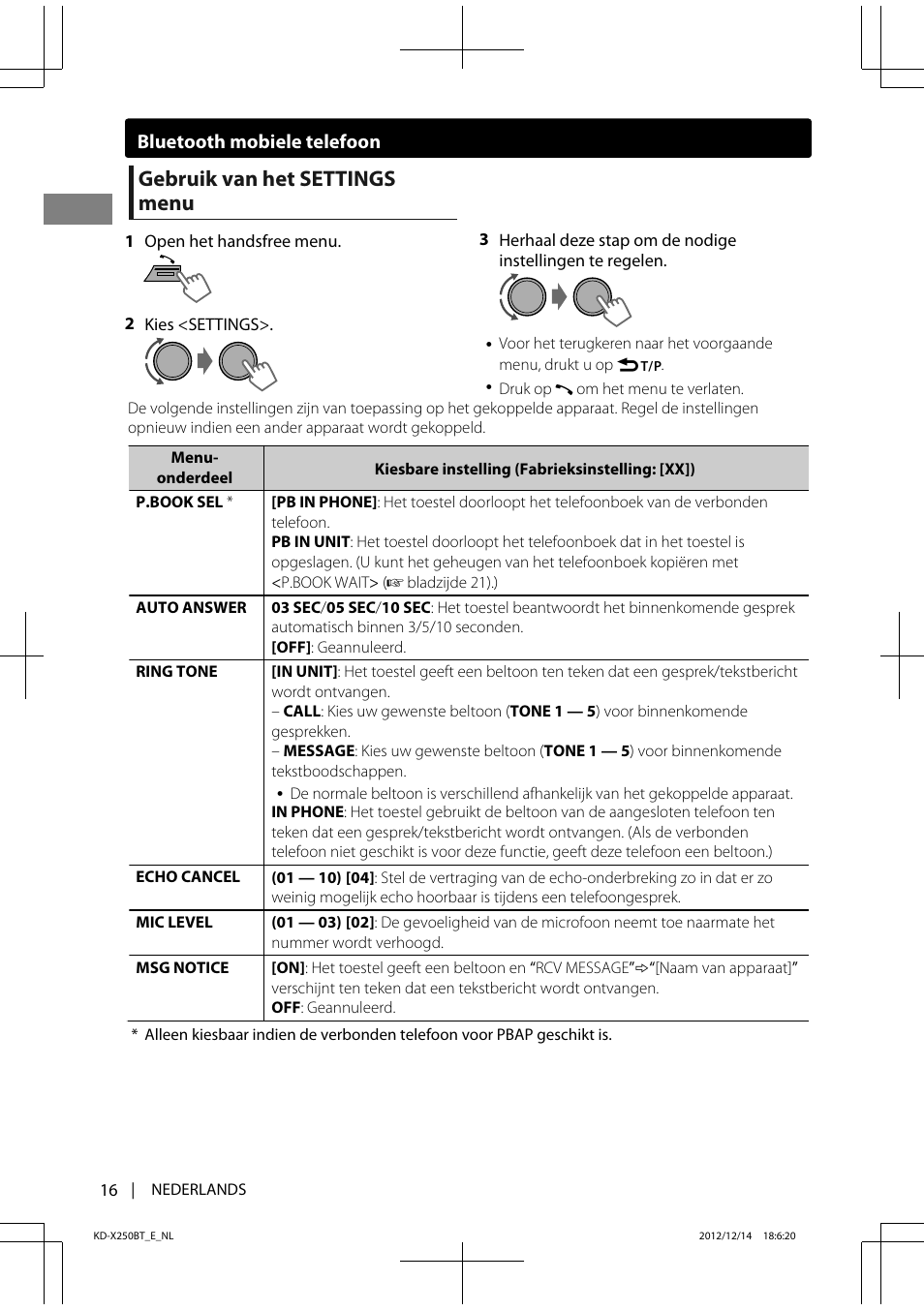 Gebruik van het settings menu | JVC KD-X250BT User Manual | Page 16 / 115