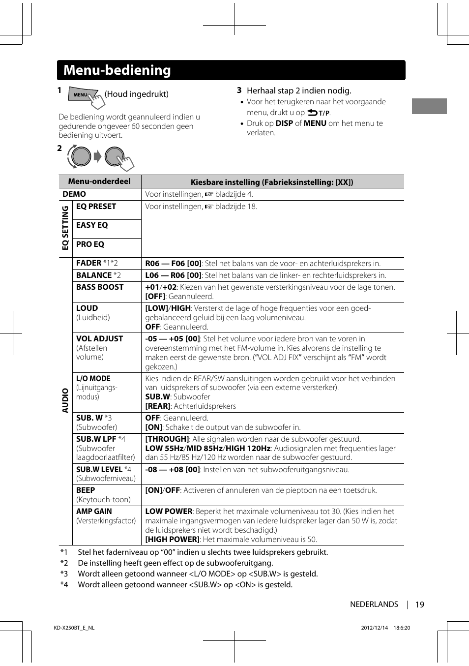 Menu-bediening | JVC KD-X250BT User Manual | Page 19 / 115