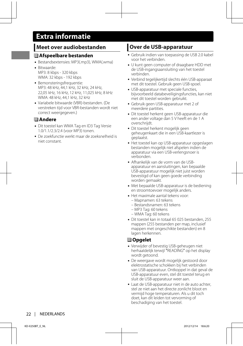 Meet over audiobestanden, Over de usb-apparatuur, Afspeelbare bestanden | Andere, Opgelet, Extra informatie | JVC KD-X250BT User Manual | Page 22 / 115