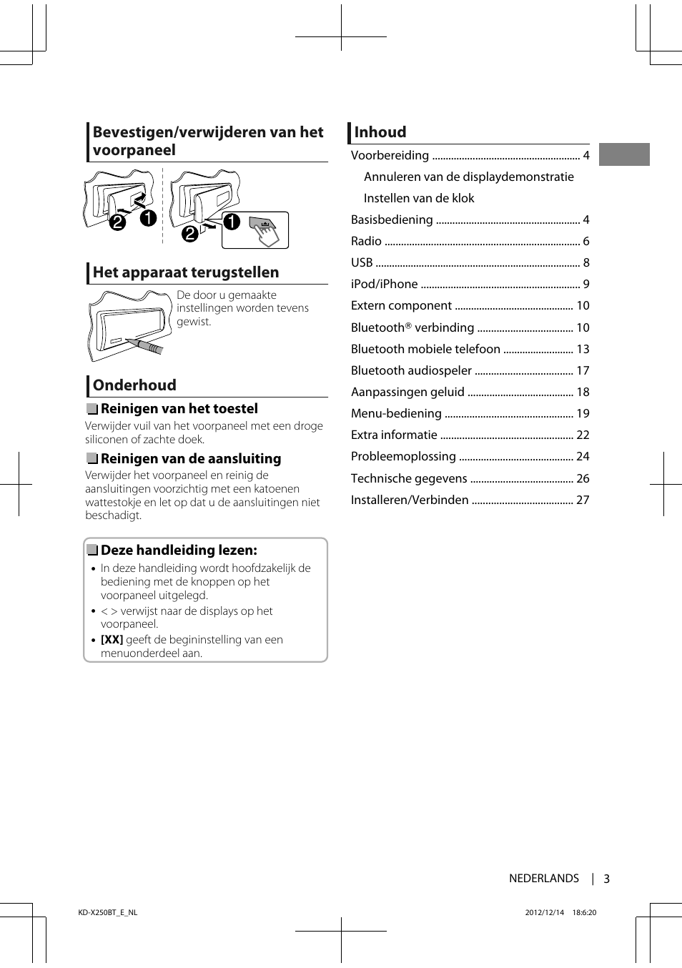 Onderhoud, Inhoud | JVC KD-X250BT User Manual | Page 3 / 115