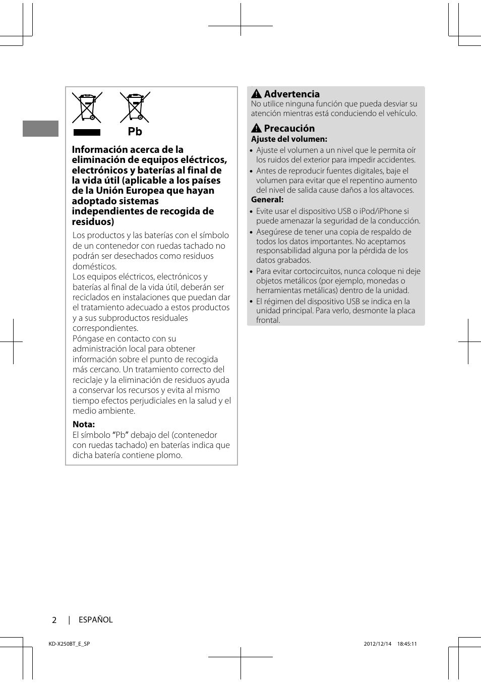 Advertencia, Precaución | JVC KD-X250BT User Manual | Page 30 / 115