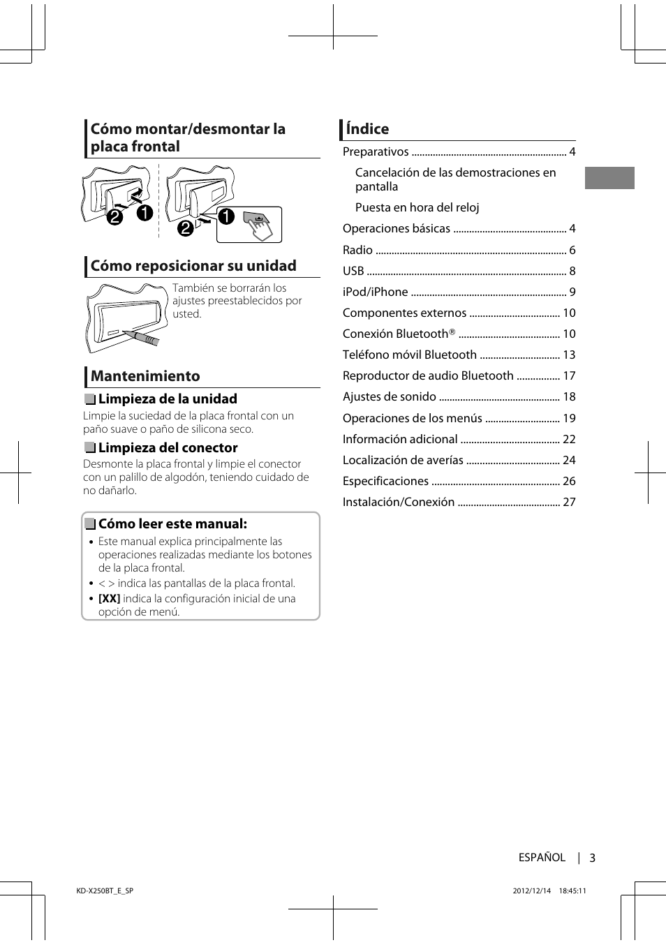 Mantenimiento, Índice | JVC KD-X250BT User Manual | Page 31 / 115