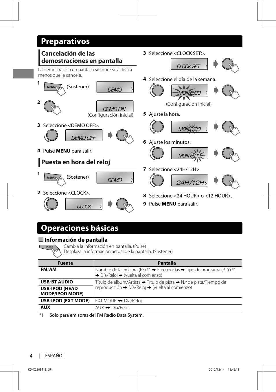 Operaciones básicas, Preparativos, Cancelación de las demostraciones en pantalla | Puesta en hora del reloj | JVC KD-X250BT User Manual | Page 32 / 115