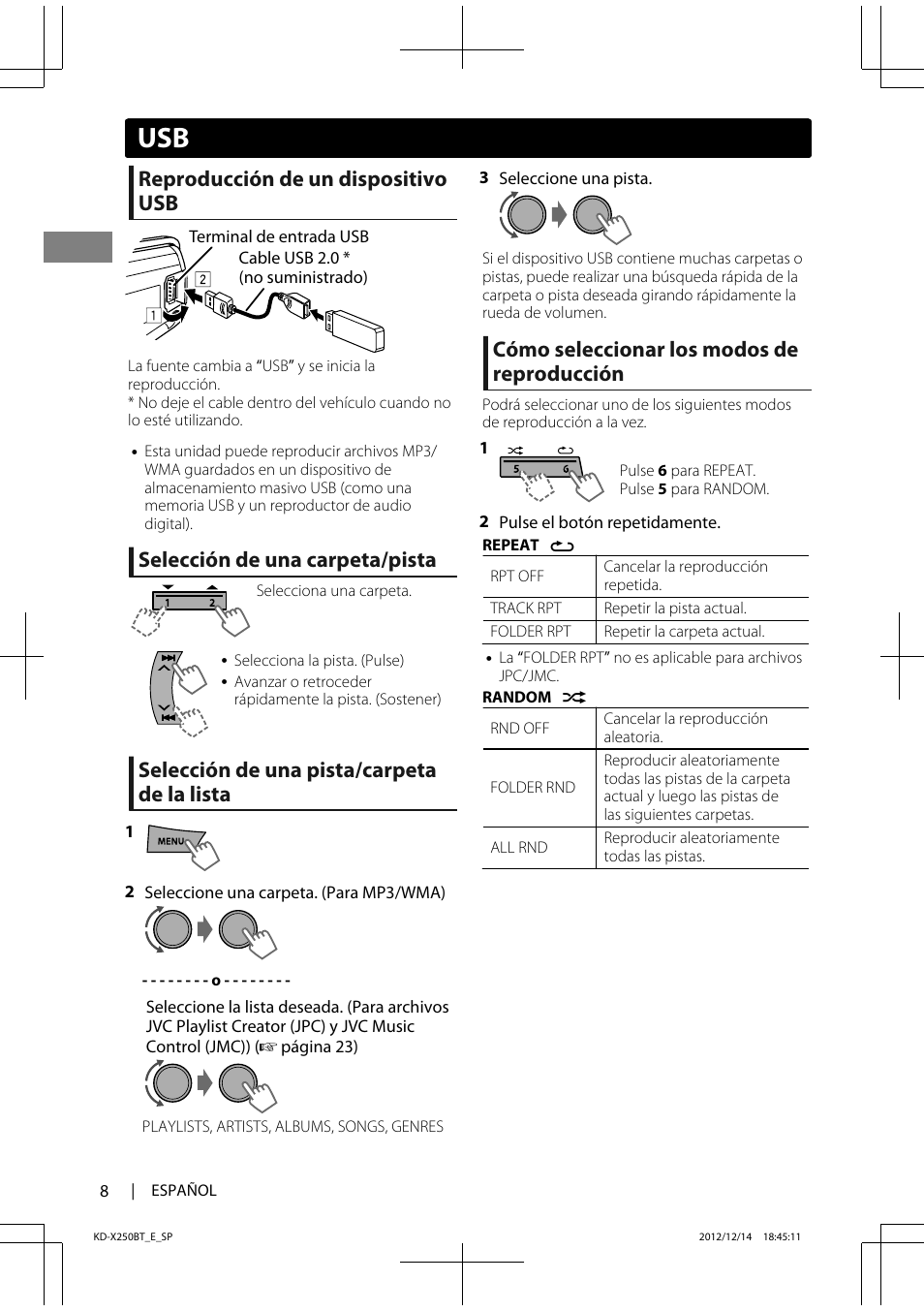 Reproducción de un dispositivo usb, Selección de una carpeta/pista, Selección de una pista/carpeta de la lista | Cómo seleccionar los modos de reproducción | JVC KD-X250BT User Manual | Page 36 / 115