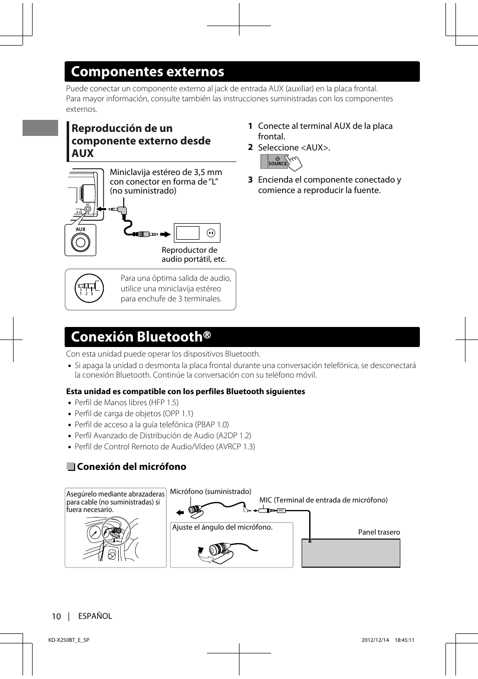 Conexión bluetooth, Componentes externos, Reproducción de un componente externo desde aux | JVC KD-X250BT User Manual | Page 38 / 115