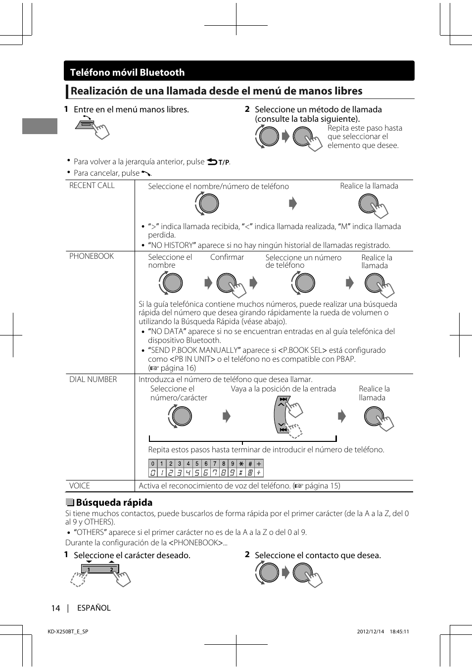 Búsqueda rápida, Teléfono móvil bluetooth | JVC KD-X250BT User Manual | Page 42 / 115