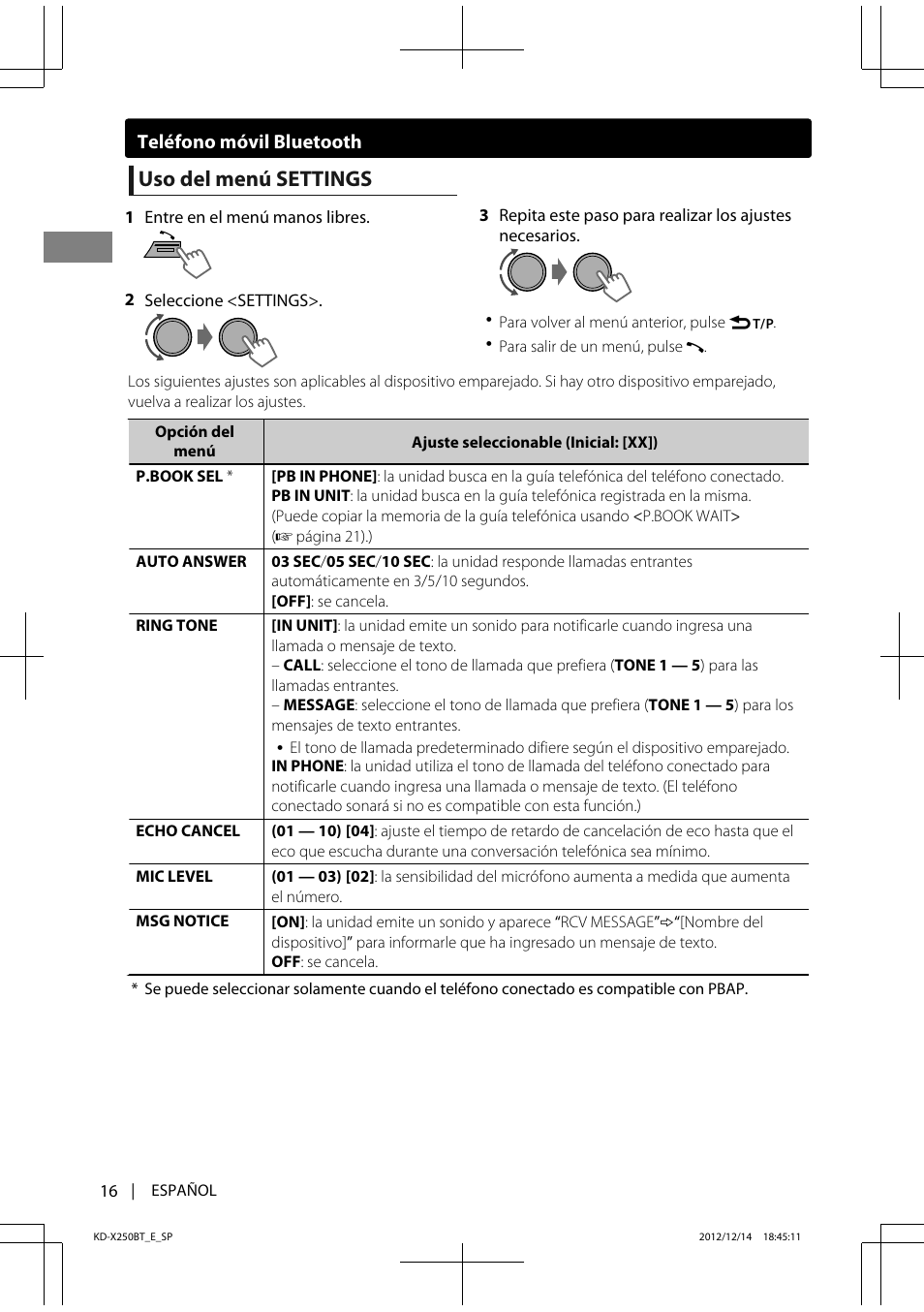 Uso del menú settings | JVC KD-X250BT User Manual | Page 44 / 115