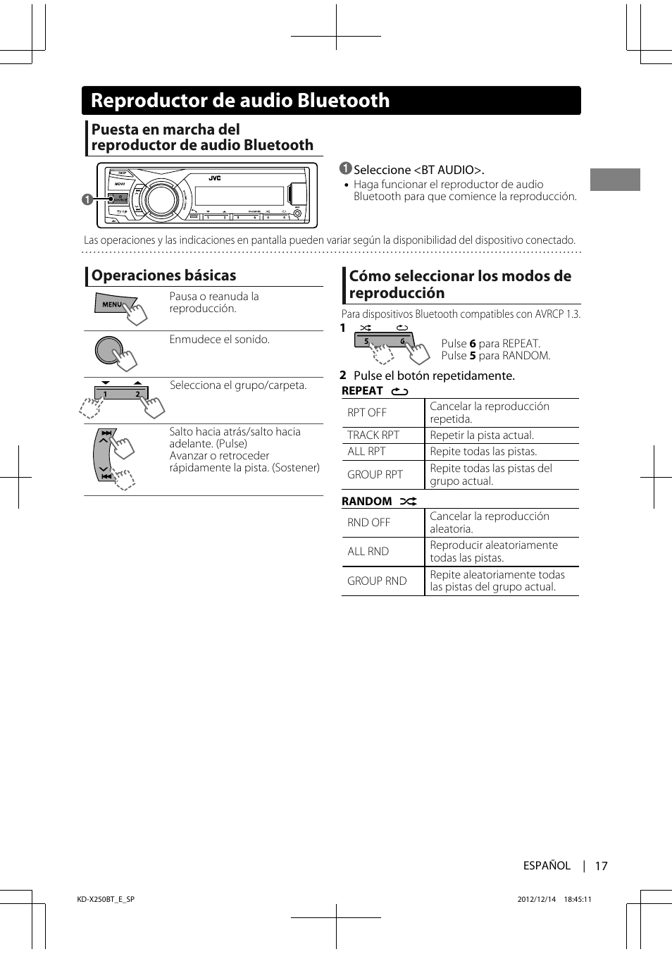 Reproductor de audio bluetooth, Operaciones básicas, Cómo seleccionar los modos de reproducción | JVC KD-X250BT User Manual | Page 45 / 115