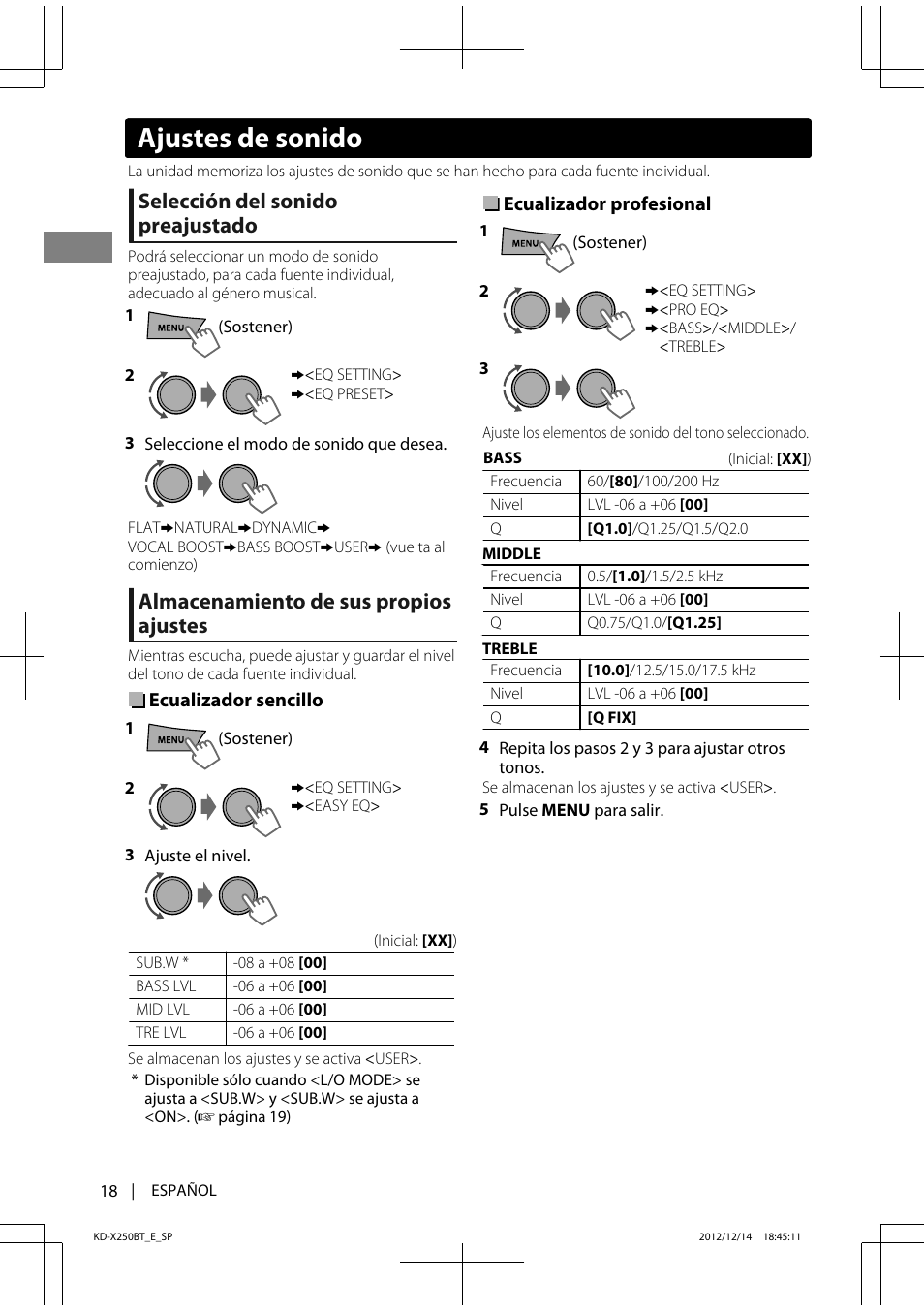 Ajustes de sonido, Selección del sonido preajustado, Almacenamiento de sus propios ajustes | JVC KD-X250BT User Manual | Page 46 / 115