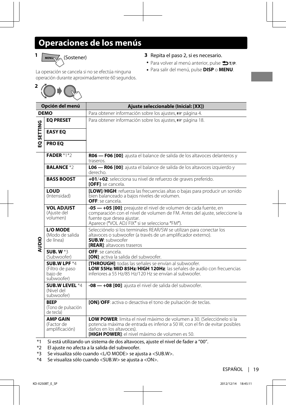 Operaciones de los menús | JVC KD-X250BT User Manual | Page 47 / 115