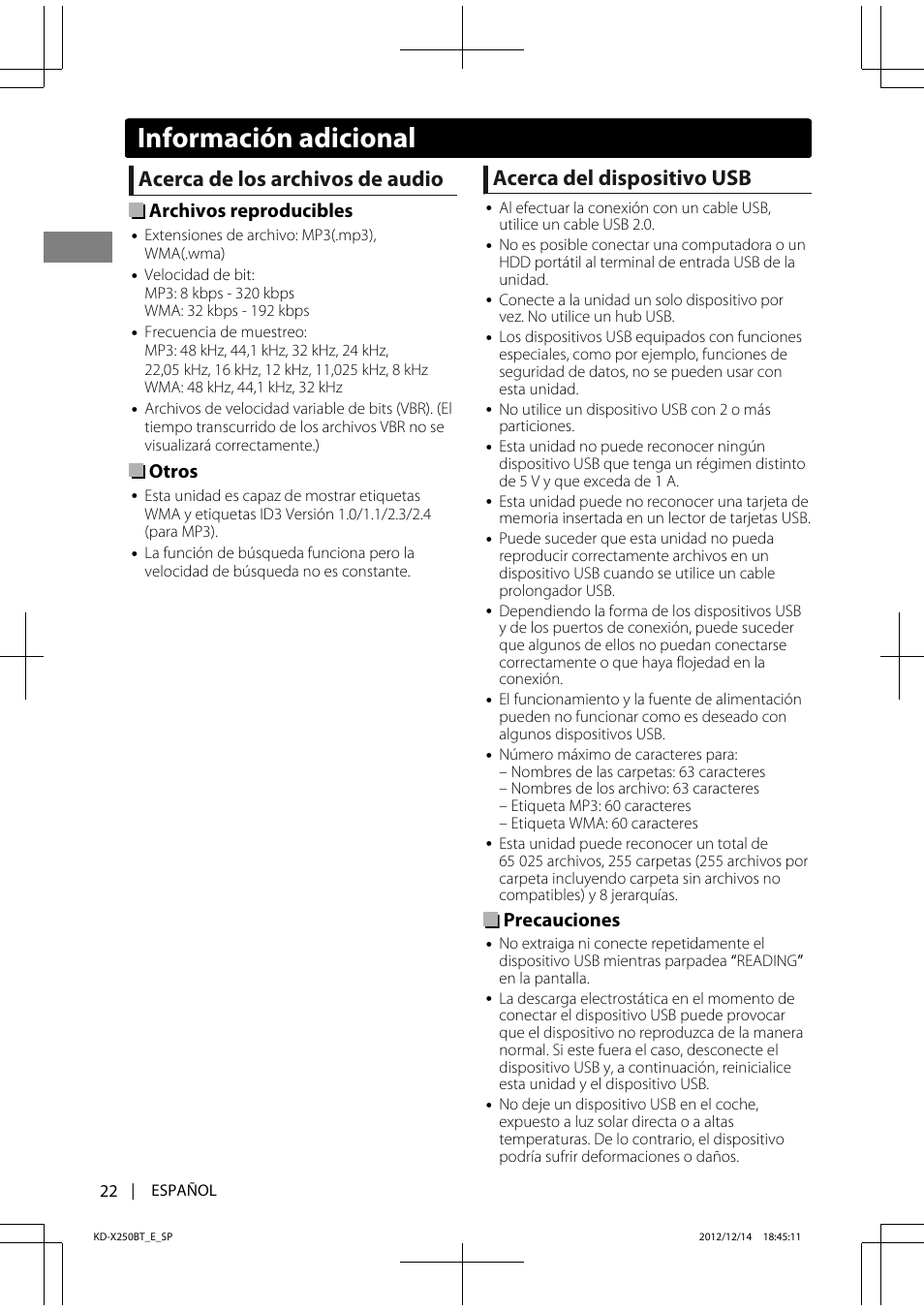 Acerca de los archivos de audio, Acerca del dispositivo usb, Archivos reproducibles | Otros, Precauciones, Información adicional | JVC KD-X250BT User Manual | Page 50 / 115