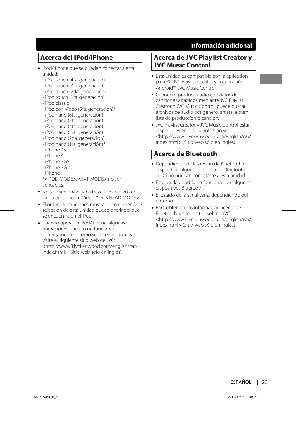 Acerca del ipod/iphone, Acerca de jvc playlist creator y jvc music control, Acerca de bluetooth | Información adicional | JVC KD-X250BT User Manual | Page 51 / 115