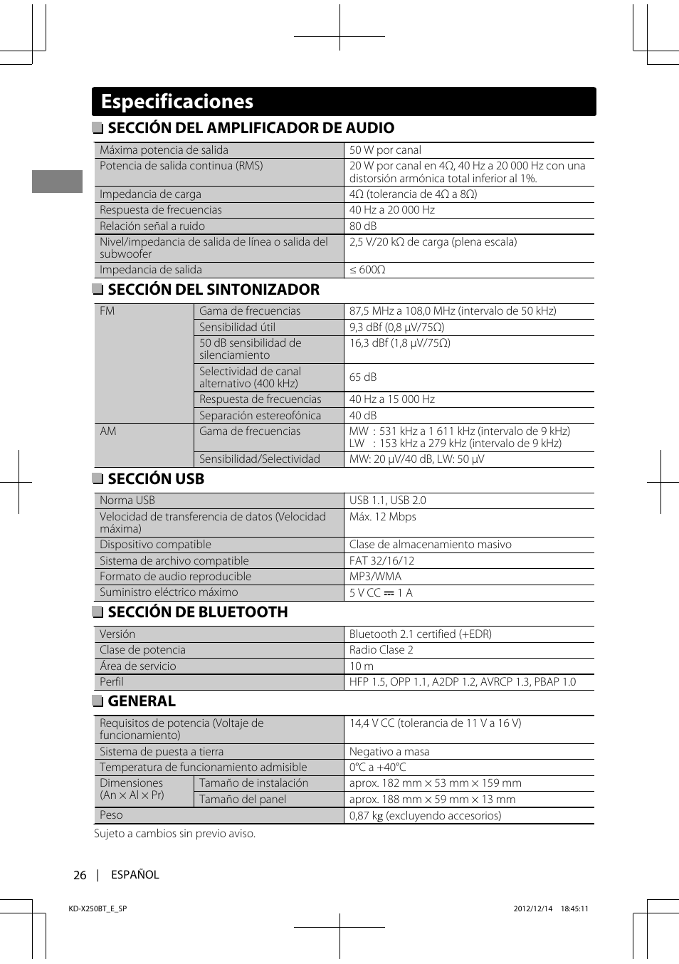 Especificaciones, Sección del amplificador de audio, Sección del sintonizador | Sección usb, Sección de bluetooth, General | JVC KD-X250BT User Manual | Page 54 / 115