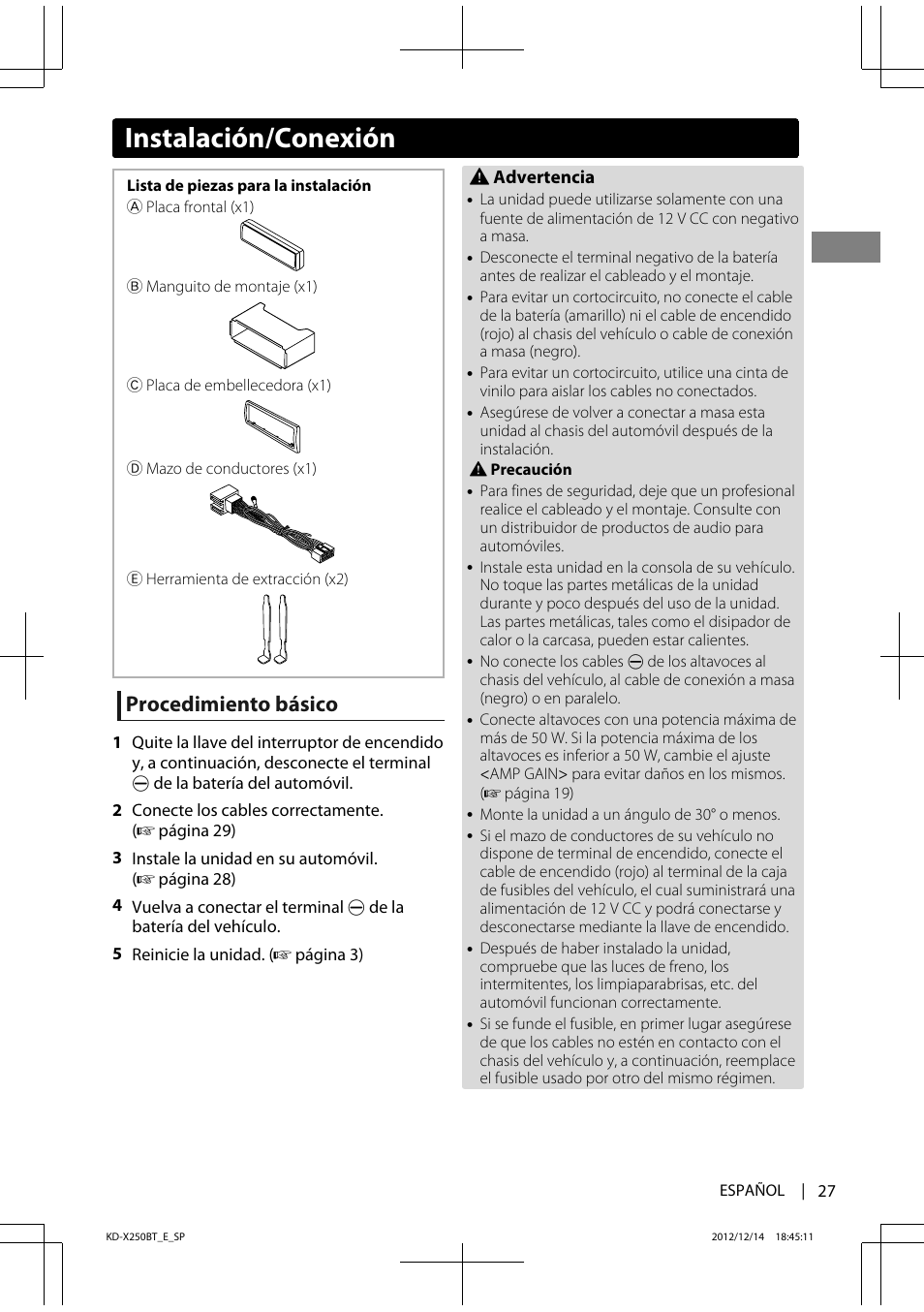 Procedimiento básico, Instalación/conexión | JVC KD-X250BT User Manual | Page 55 / 115