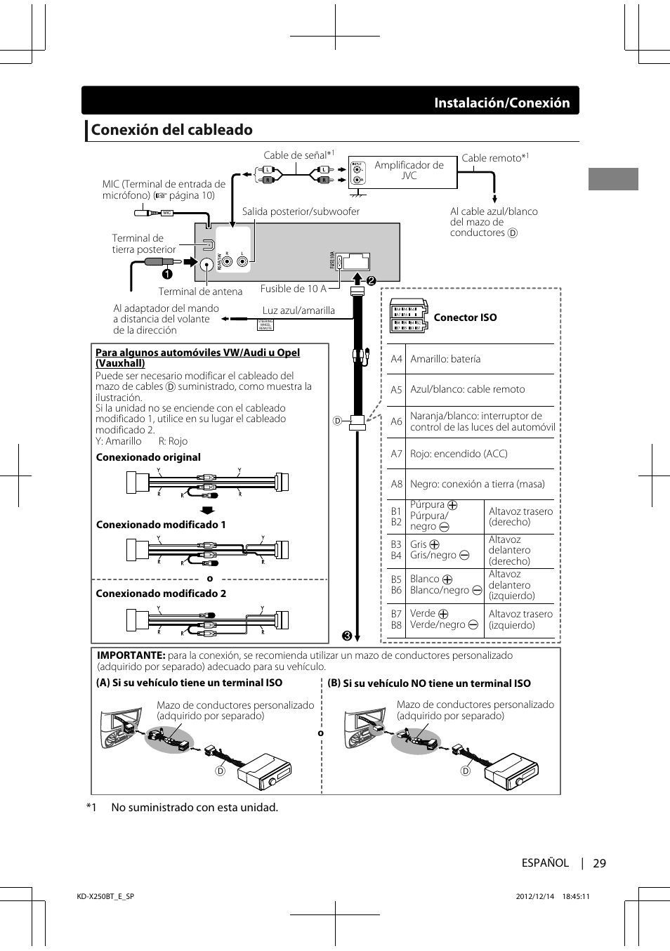 Conexión del cableado, Instalación/conexión | JVC KD-X250BT User Manual | Page 57 / 115