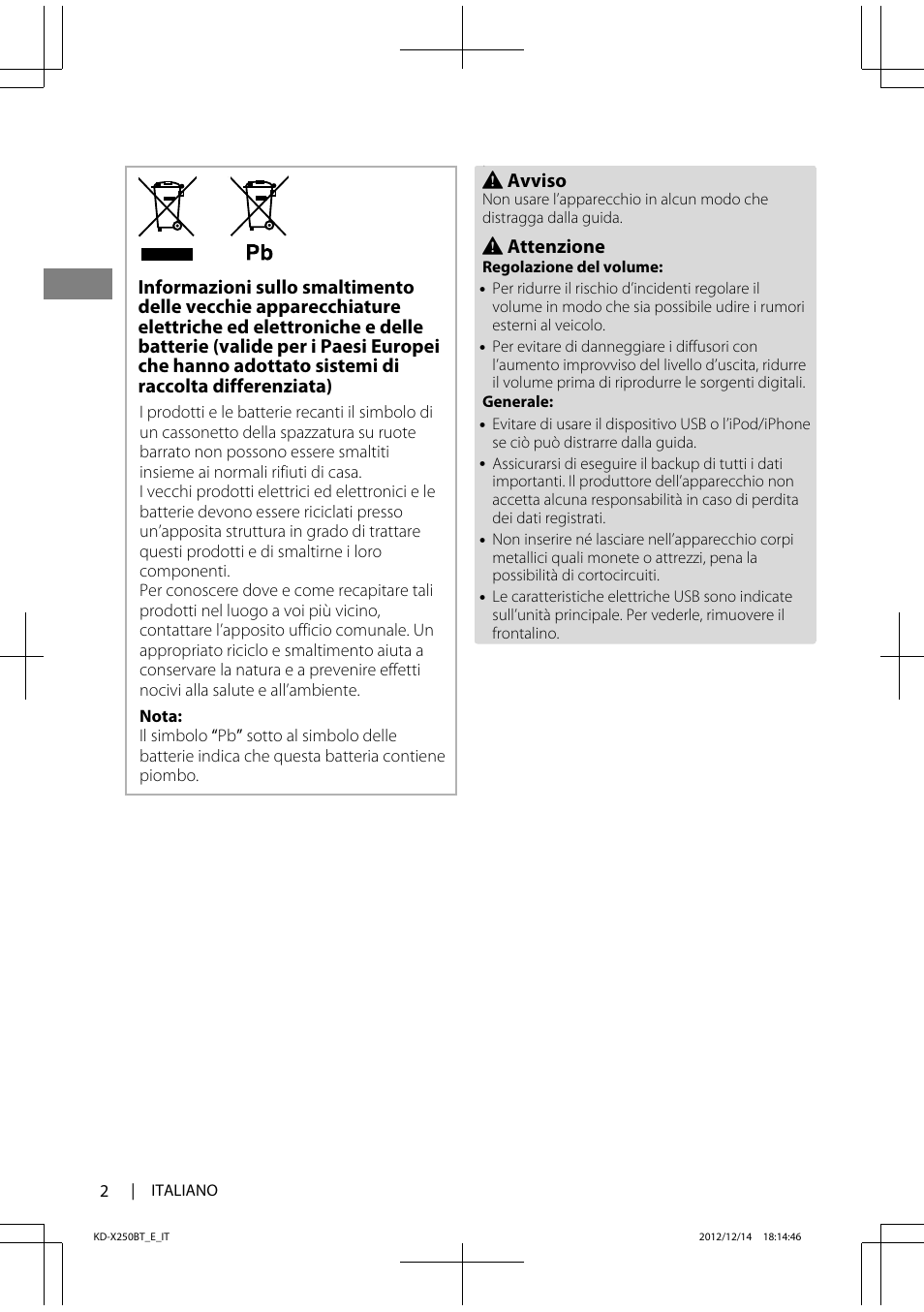 Avviso, Attenzione | JVC KD-X250BT User Manual | Page 58 / 115