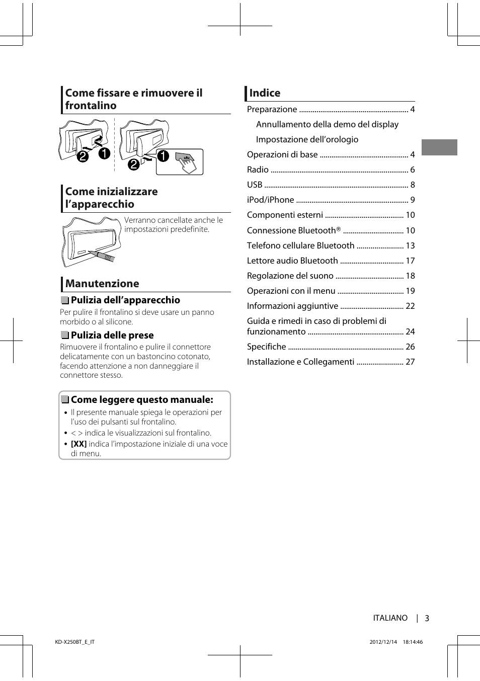 Manutenzione, Indice | JVC KD-X250BT User Manual | Page 59 / 115