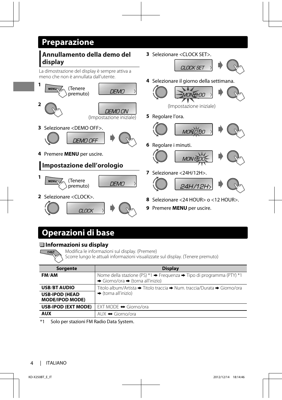 Operazioni di base, Preparazione, Annullamento della demo del display | Impostazione dell’orologio | JVC KD-X250BT User Manual | Page 60 / 115